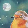 "Robin on a Full Moon Night". Featured on a greeting card and a ceramic ornament. Original drawing available. 